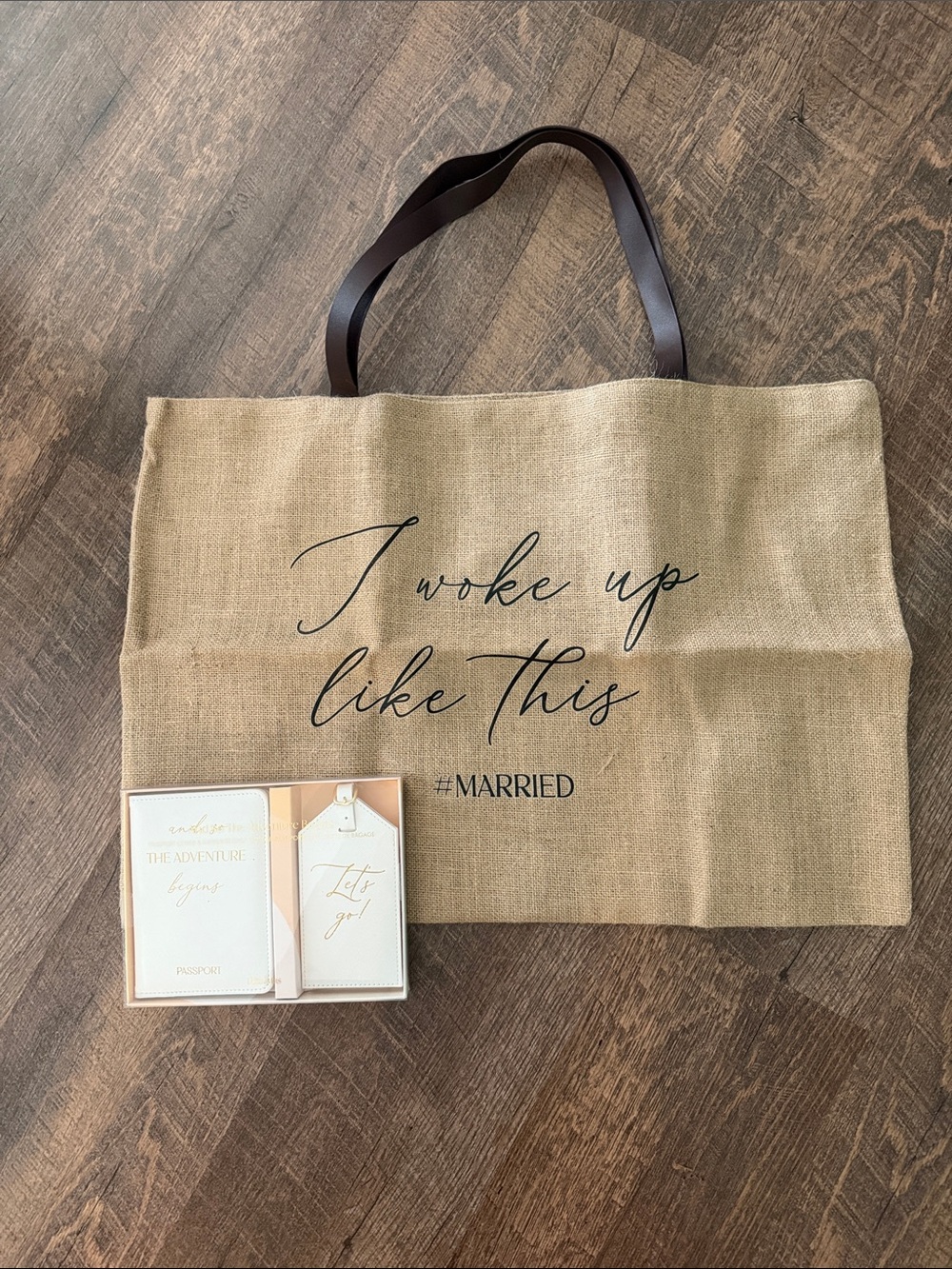 Bridal/Wedding- Jute Tote, Luggage Tag and Passport Cover, and Socks